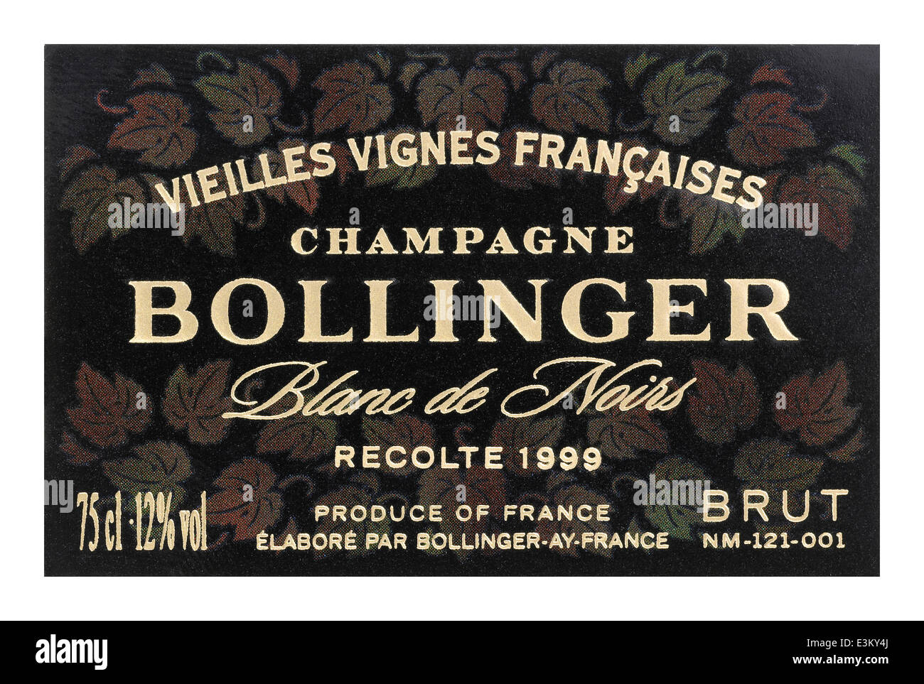 Champagne bottle label for Bollinger Blanc de Noirs 1999 brut Stock Photo
