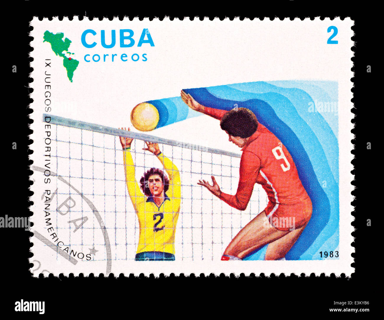 Postage stamp from Cuba depicting two volleyball players, issued for
