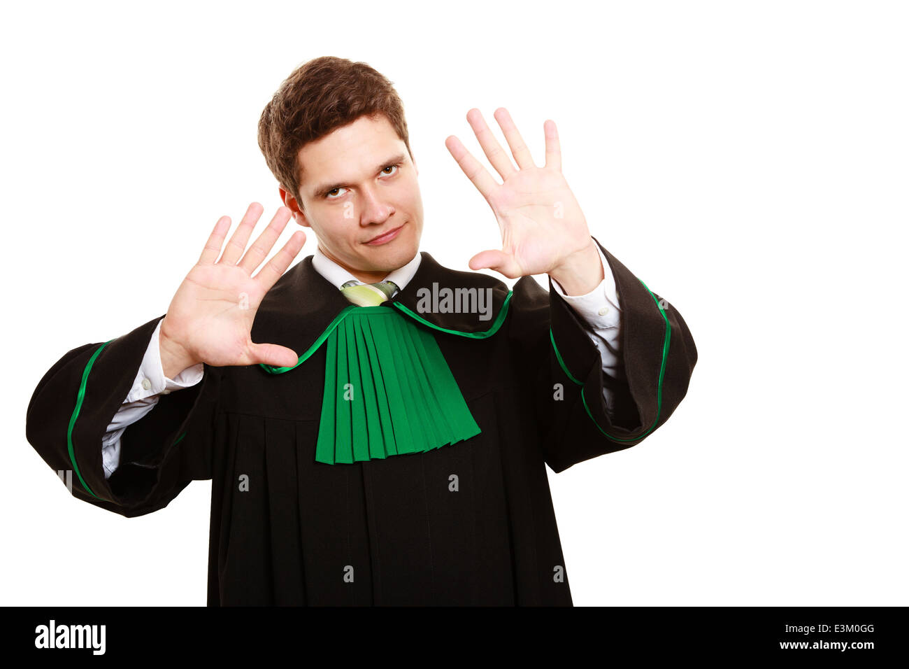Law. Man lawyer attorney in polish (Poland) black green gown showing stop hand sign gesture isolated on white Stock Photo