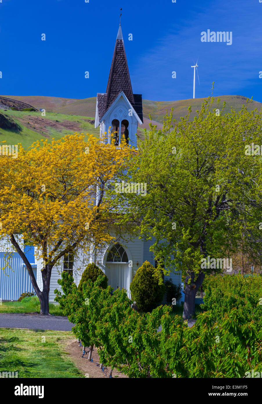 Maryhill, Washington: Maryhill Community Church, 1888, with orchard rows Stock Photo