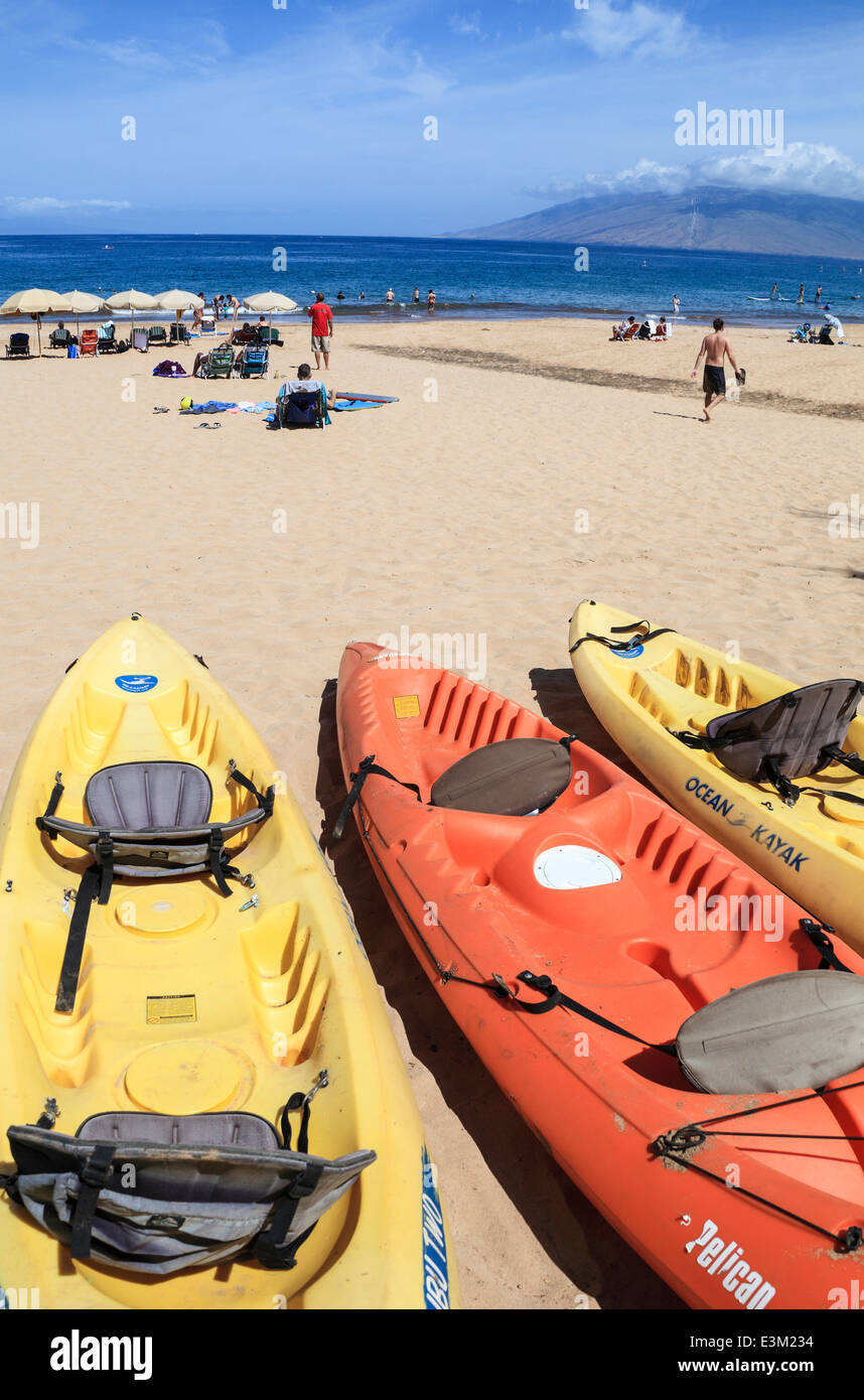 Kayaks at Wailea Beach on Maui Stock Photo