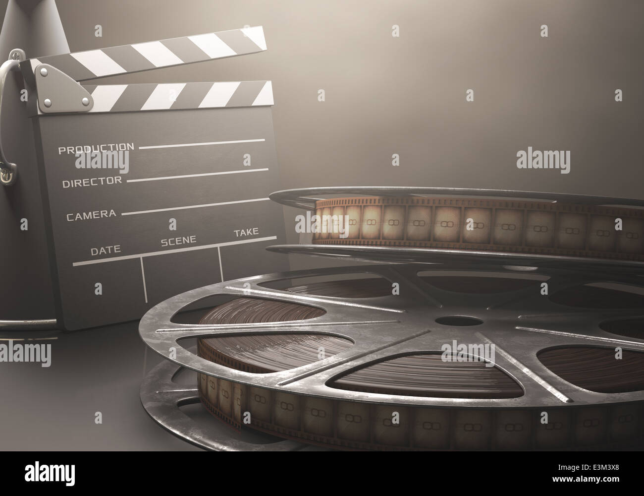 Clapperboard with rolls of film in the retro concept cinema. Stock Photo