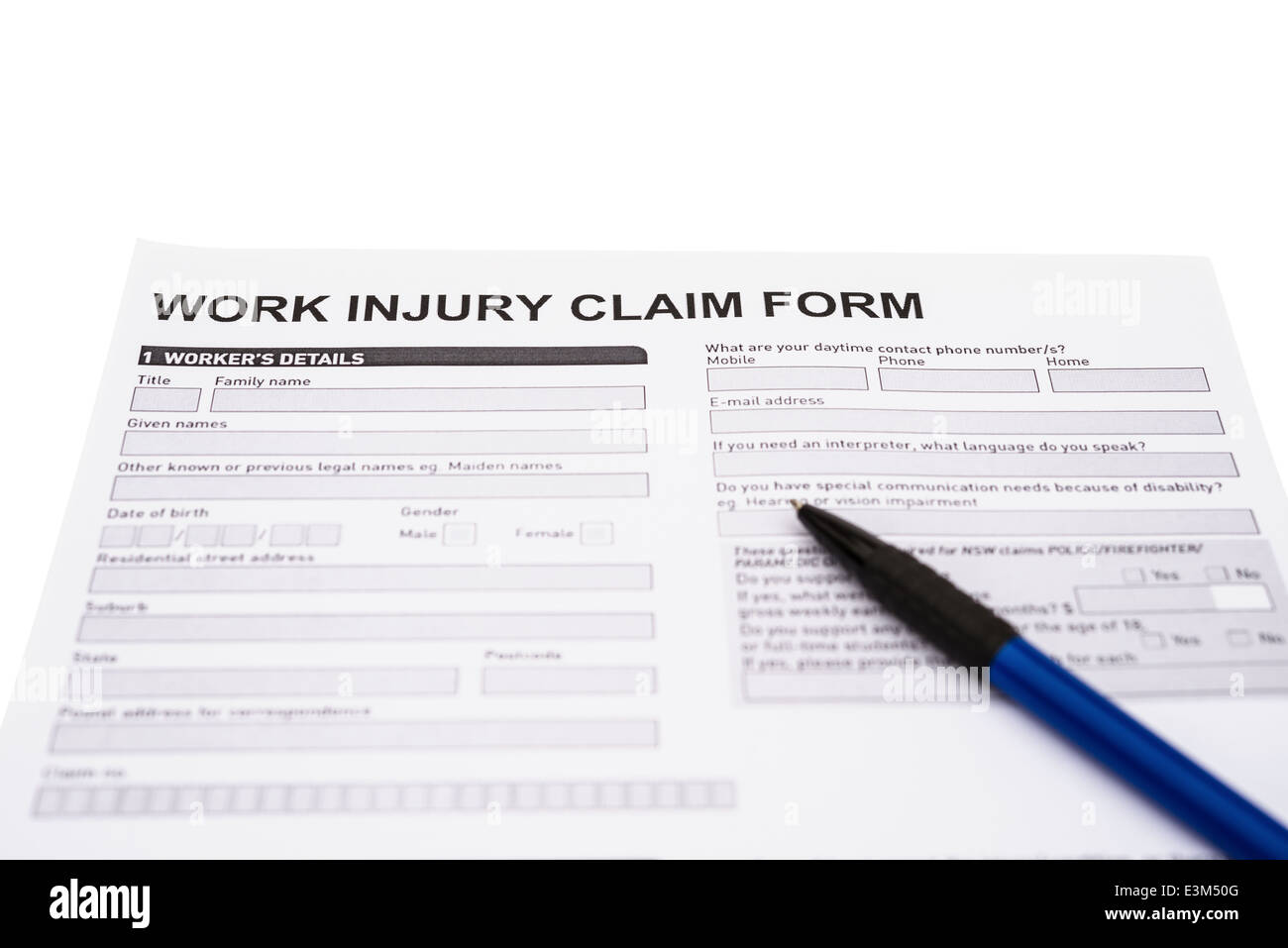 work injury claim form on white with clipping path Stock Photo