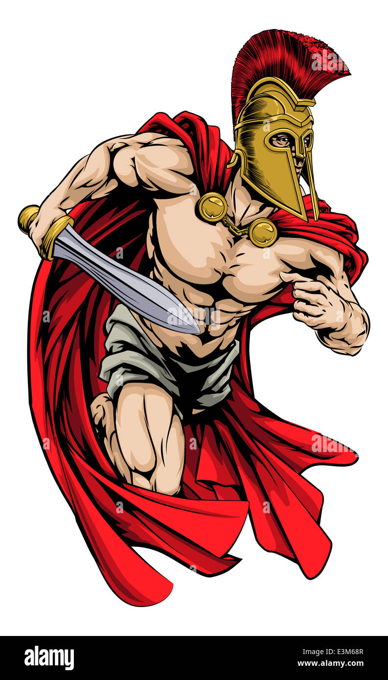 An illustration of a warrior character or sports mascot in a trojan or Spartan style helmet holding a sword Stock Photo