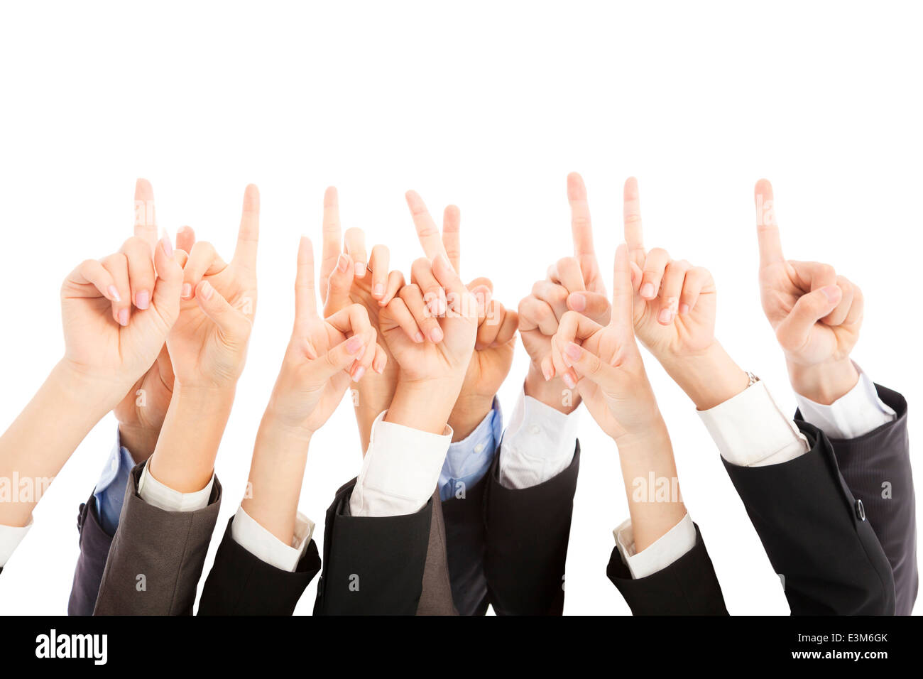 group of business people hands point upward together Stock Photo