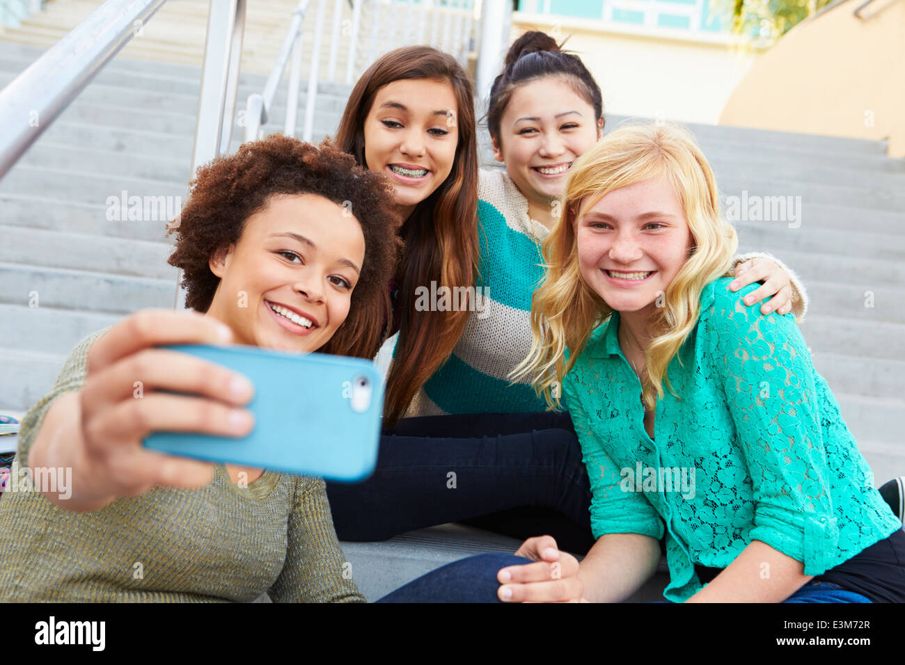 Female High School Students Taking Selfie Photograph Stock Photo Alamy