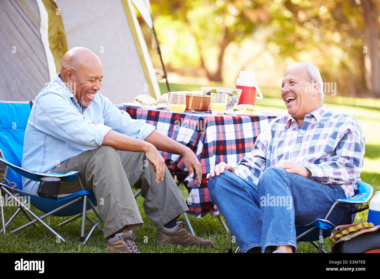 Two Senior Men Relaxing On Camping Holiday Stock Photo