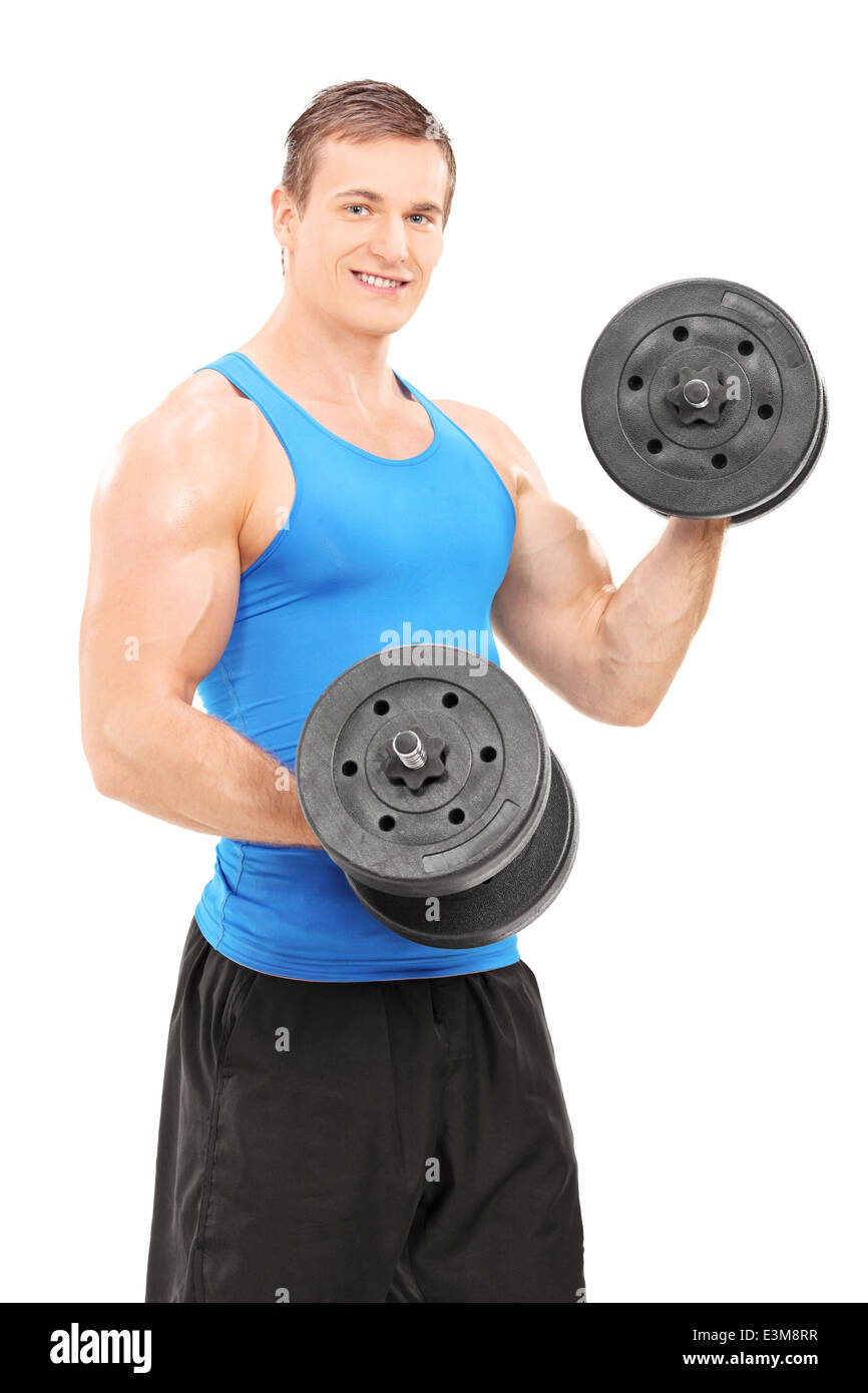 Male bodybuilder exercising with barbells Stock Photo