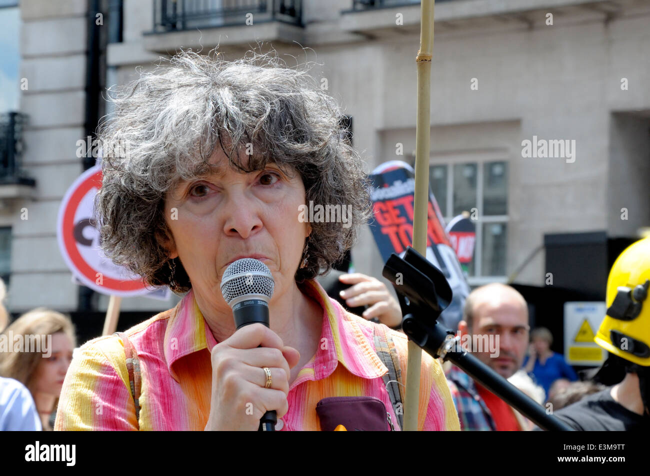 Barbara Jacobson - Barnet Alliance for Public Services (BAPS) - speaking at the People's Assembly demonstration London June 2014 Stock Photo