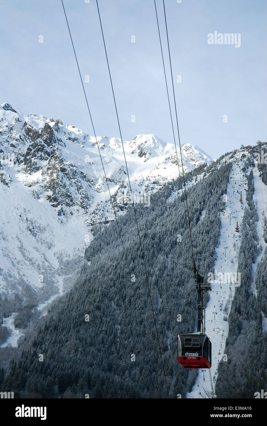 The cable car of the Aiguille du Midi in Chamonix, France: the highest vertical ascent cable car in the world. Stock Photo