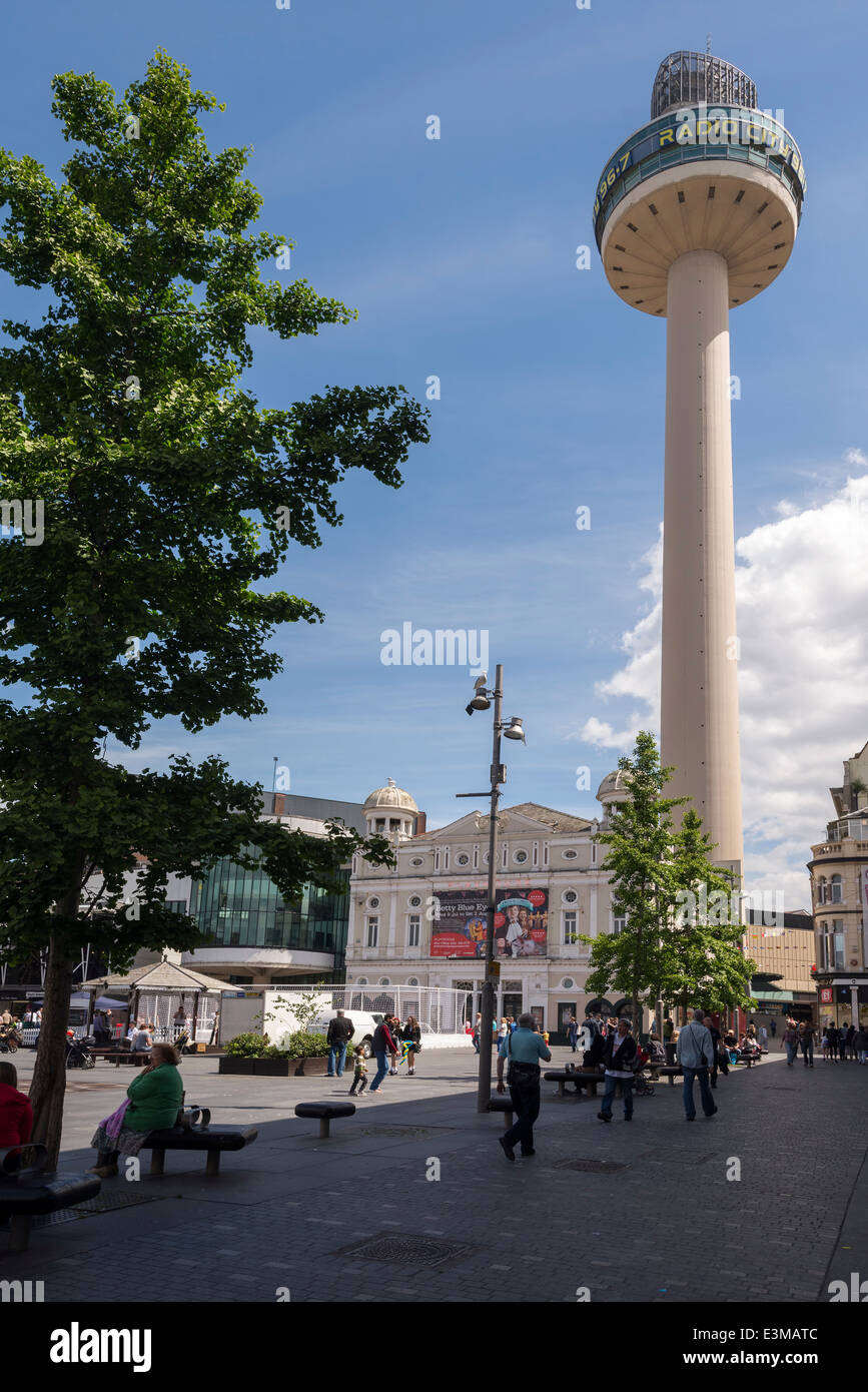 Williamson Square in the centre of Liverpool with the St. John's tower and Playhouse theatre on a sunny summer's day. Stock Photo