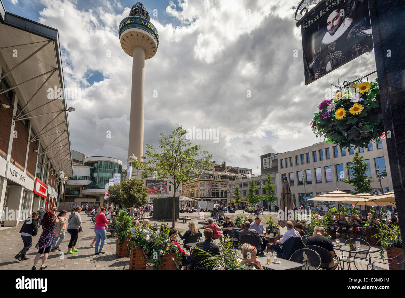Williamson Square in the centre of Liverpool with the St. John's tower and Playhouse theatre on a sunny summer's day. Stock Photo
