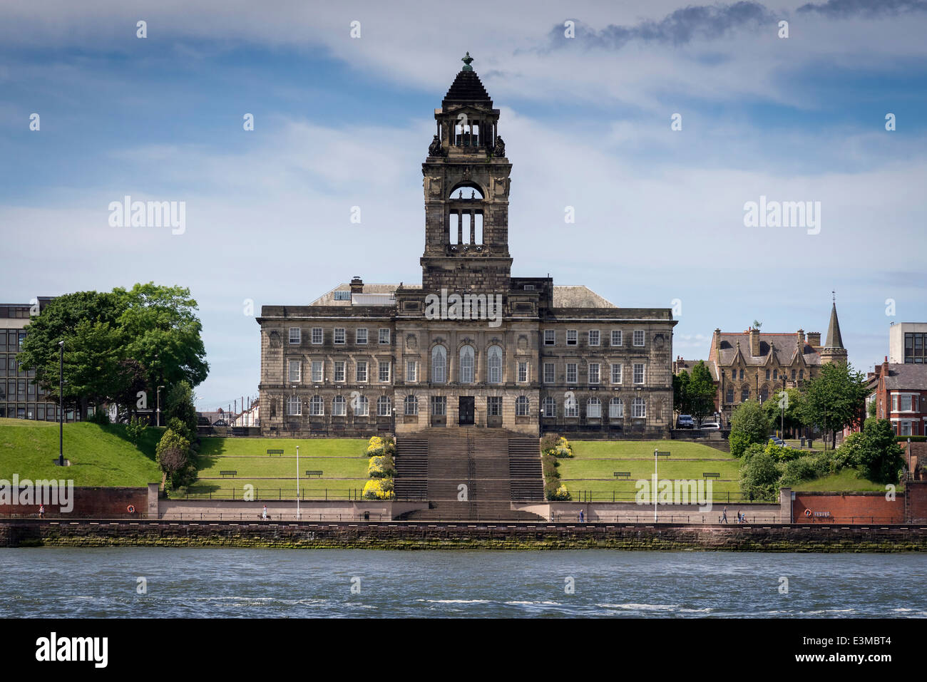 The town hall at Wallasey site of the Wirral Council meetings. The river Mersey in the foreground. Stock Photo