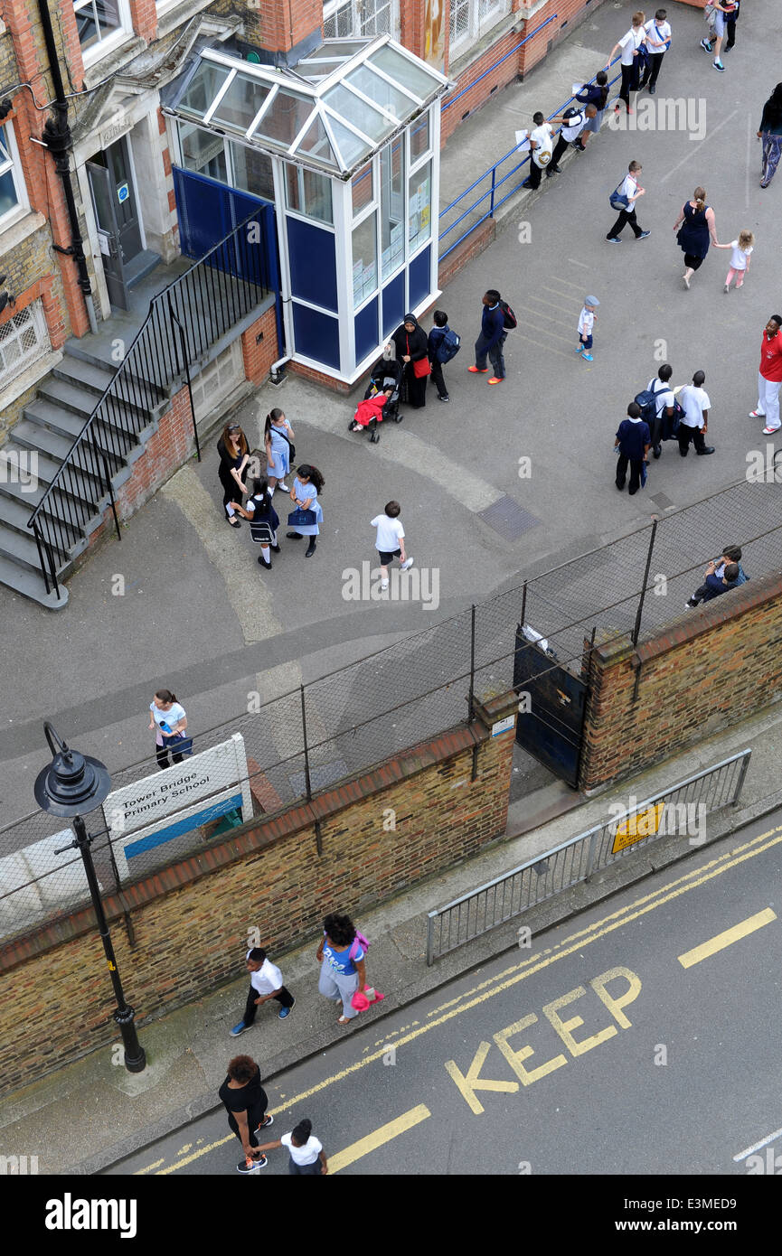 Children arriving at primary school after summer holiday. Stock Photo