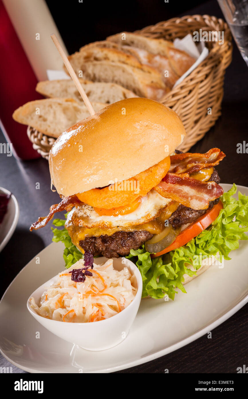 Delicious egg and bacon cheeseburger with a nutritional filling of