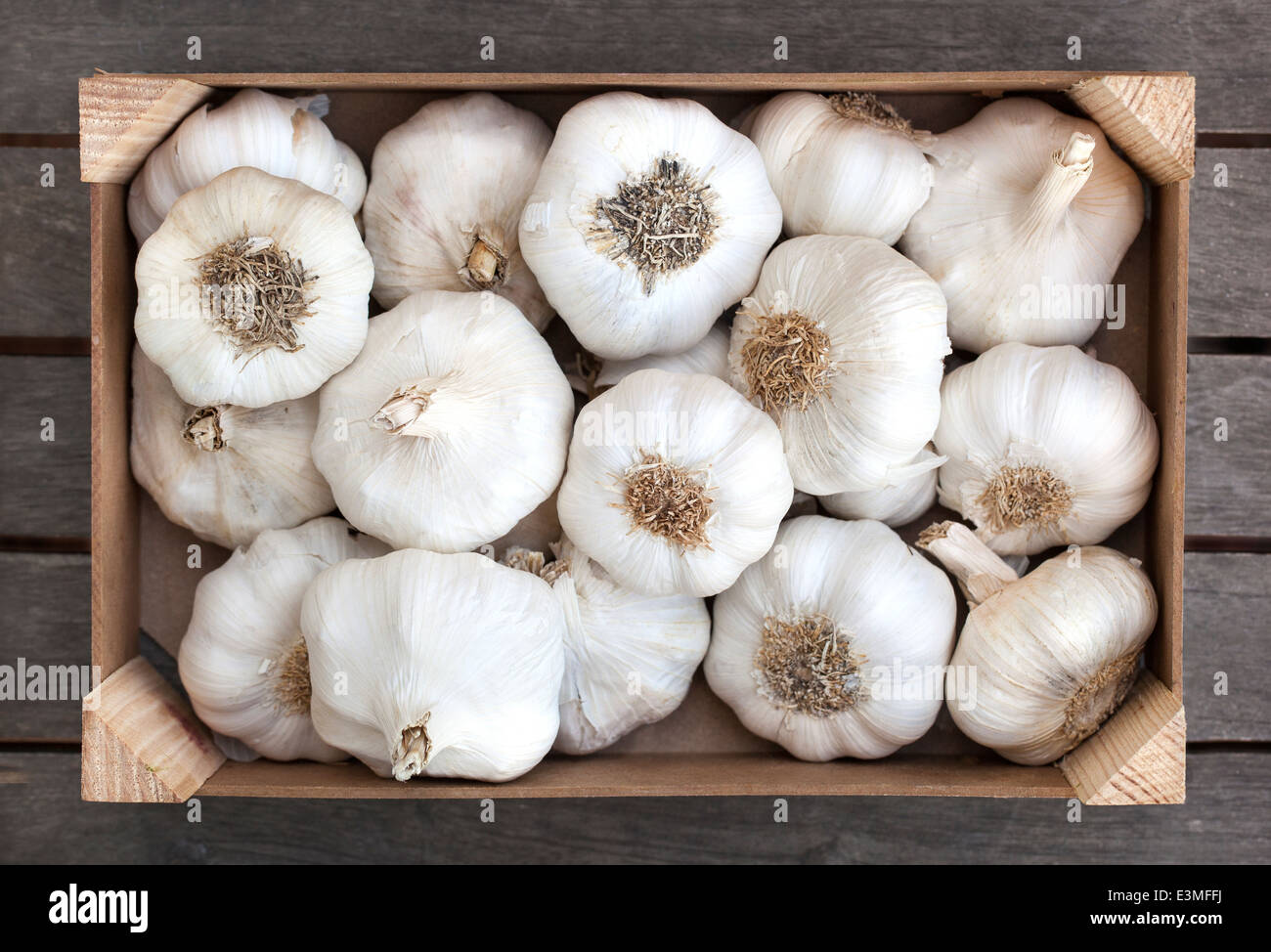 Wooden box of fresh garlic Stock Photo