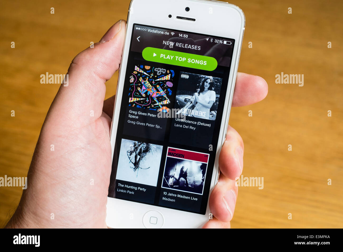 Detail of Spotify music streaming app on iPhone smart phone Stock Photo