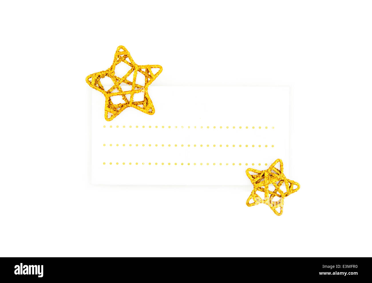 Blank card with golden stars for Christmas messages. Stock Photo