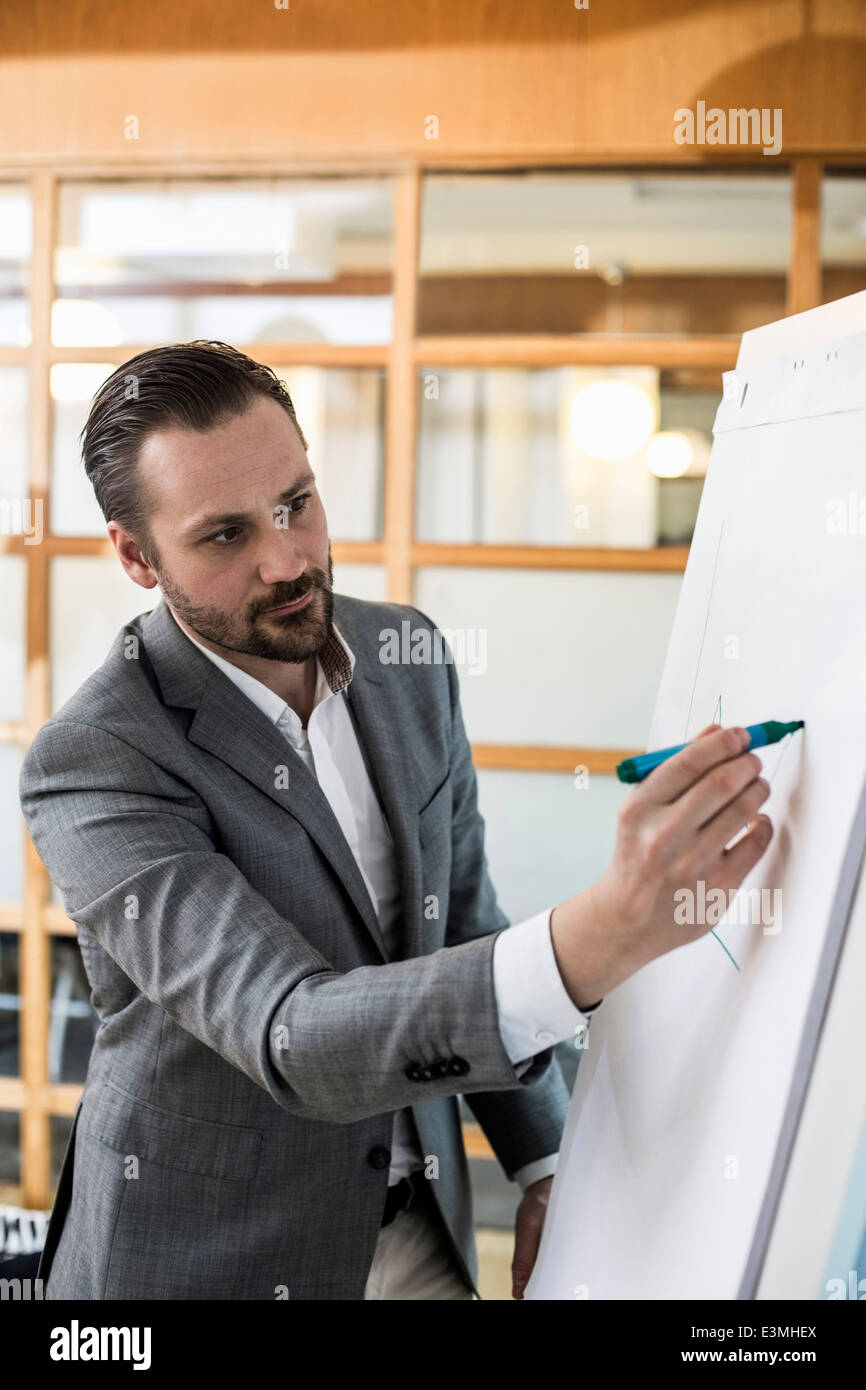 Mid adult businessman writing on flip chart during presentation in office Stock Photo