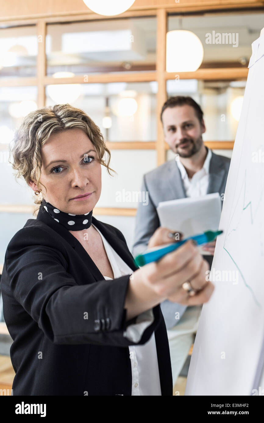 Portrait of mature businesswoman writing on flip chart with male colleague in background at office Stock Photo