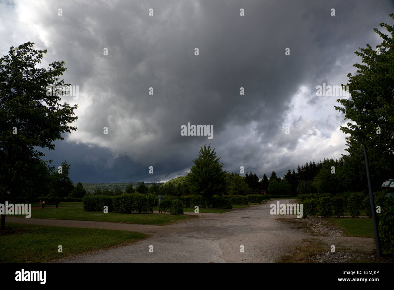 Rainclouds above campsite in Baume les Dames, Franch Comté, France Stock Photo