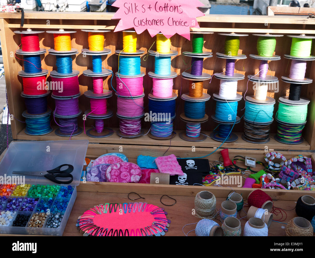 UK -  box with a variety of spools, bobbins with cotton polyester and silk thread for sewing, needle work Stock Photo