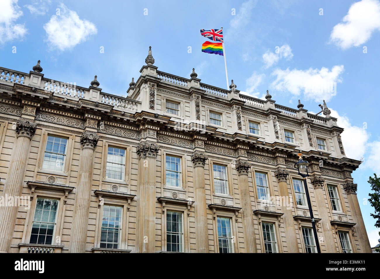 London, UK. 25th June 2014. Gay Pride rainbow flag flying over the Home Office in London, England in preparation for Pride weekend Credit:  Paul Brown/Alamy Live News Stock Photo