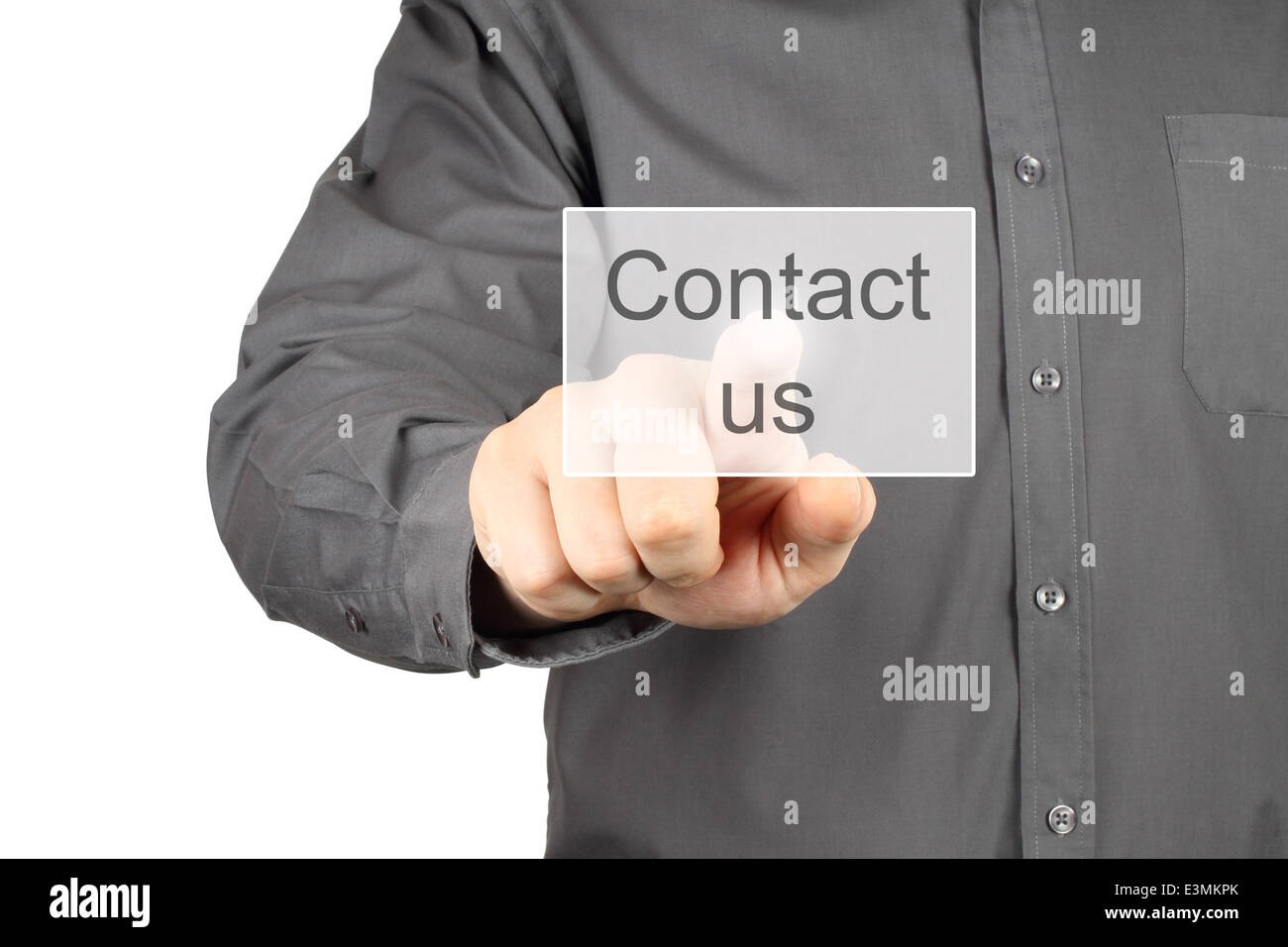 Businessman pushes virtual contact us button on white background Stock ...