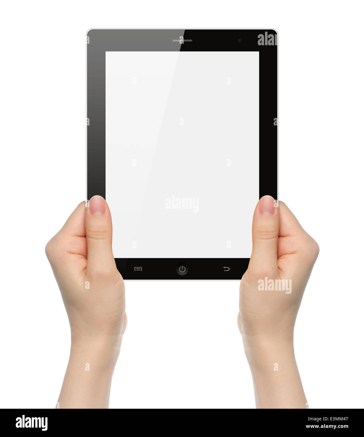 Woman hands holding black tablet PC on white background Stock Photo - Alamy