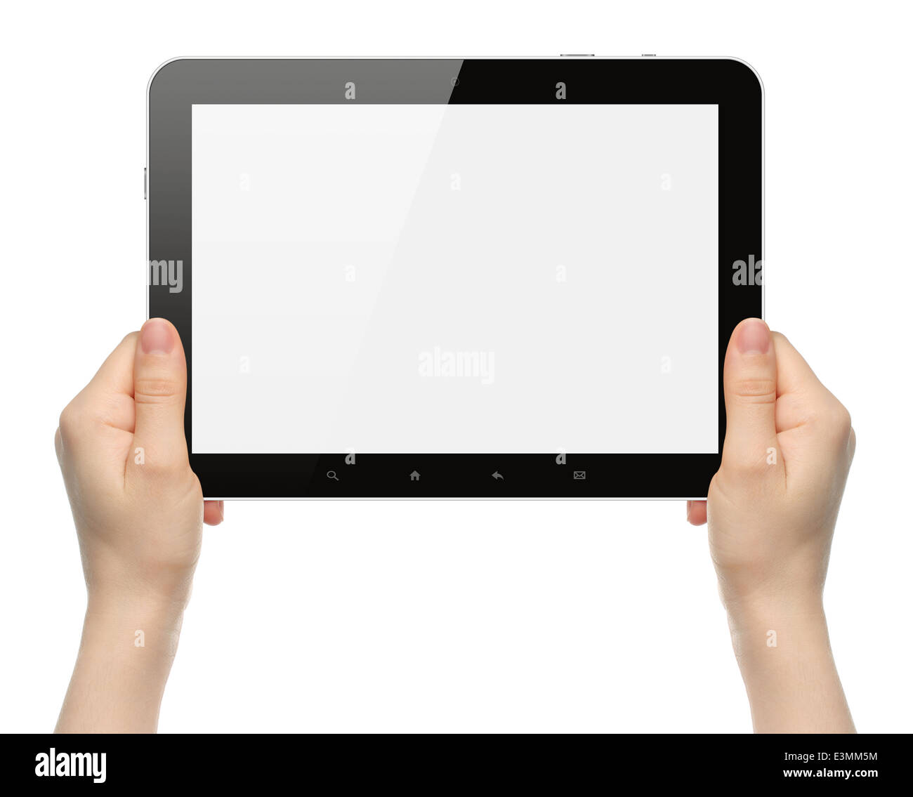 Woman hands holding black tablet PC on white background Stock Photo - Alamy