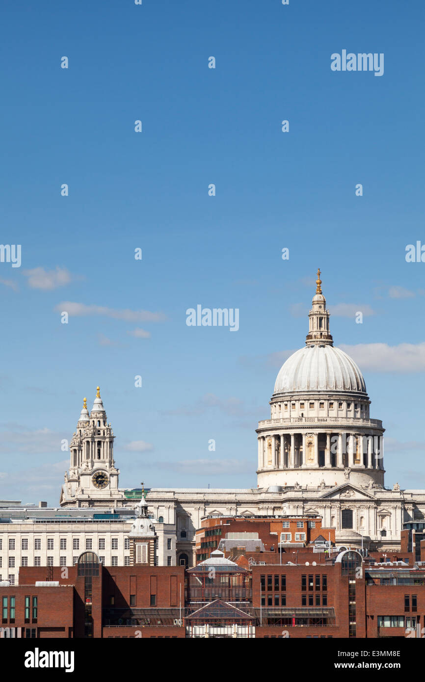 View of the top of St. Paul's Cathedral in London, from the Tate Modern, against the clear blue sky Stock Photo