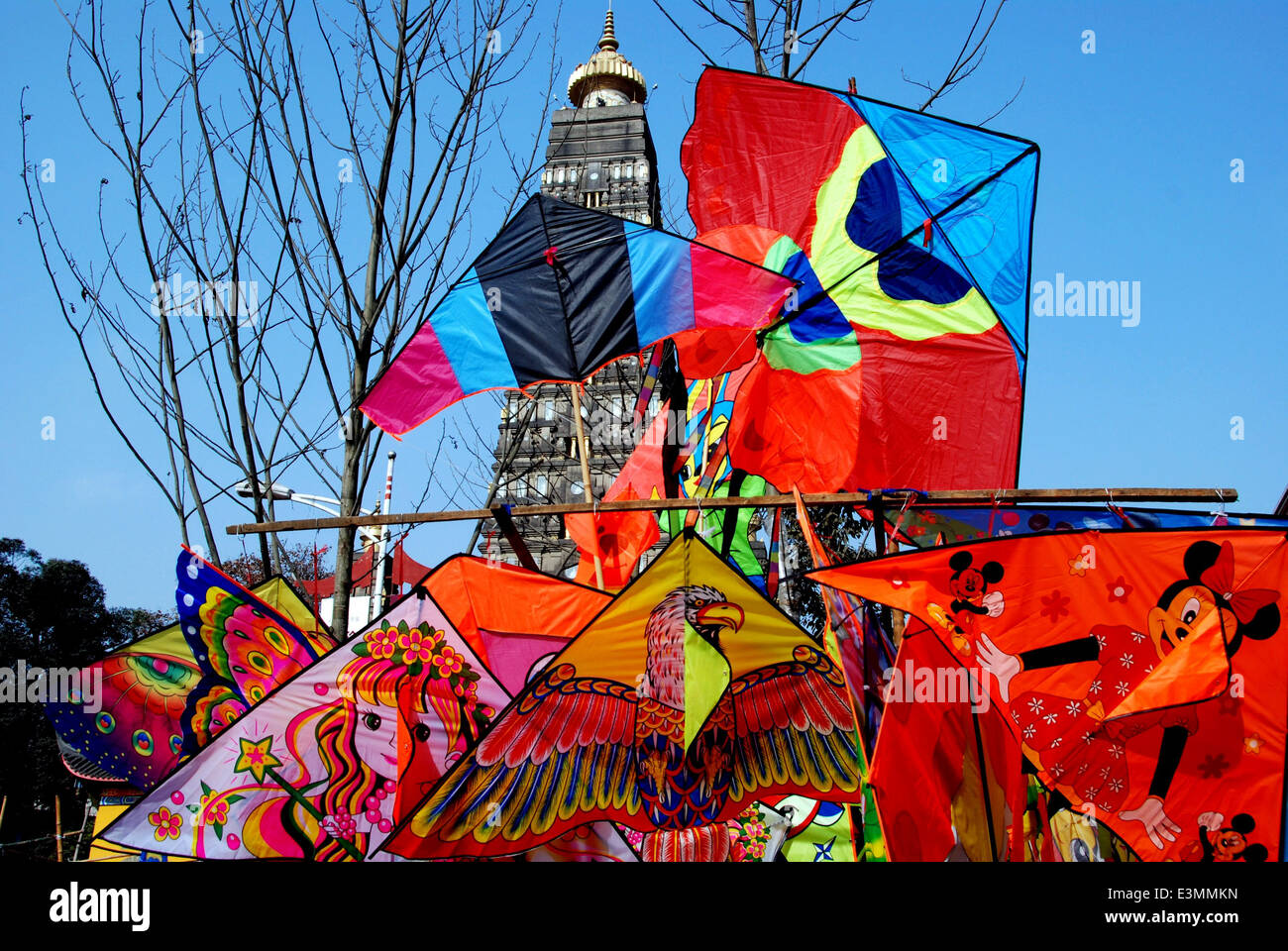 PENGZHOU, CHINA Colourful kites for Chinese New Year and the distant