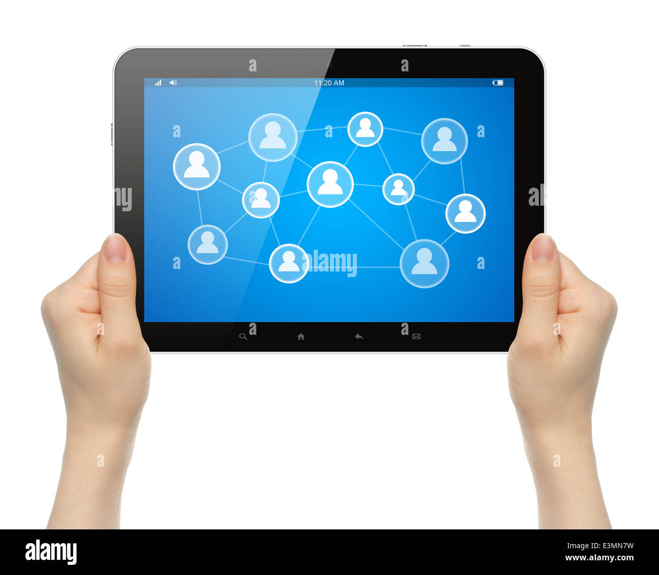 Woman hands holding tablet PC with social media illustration on white ...