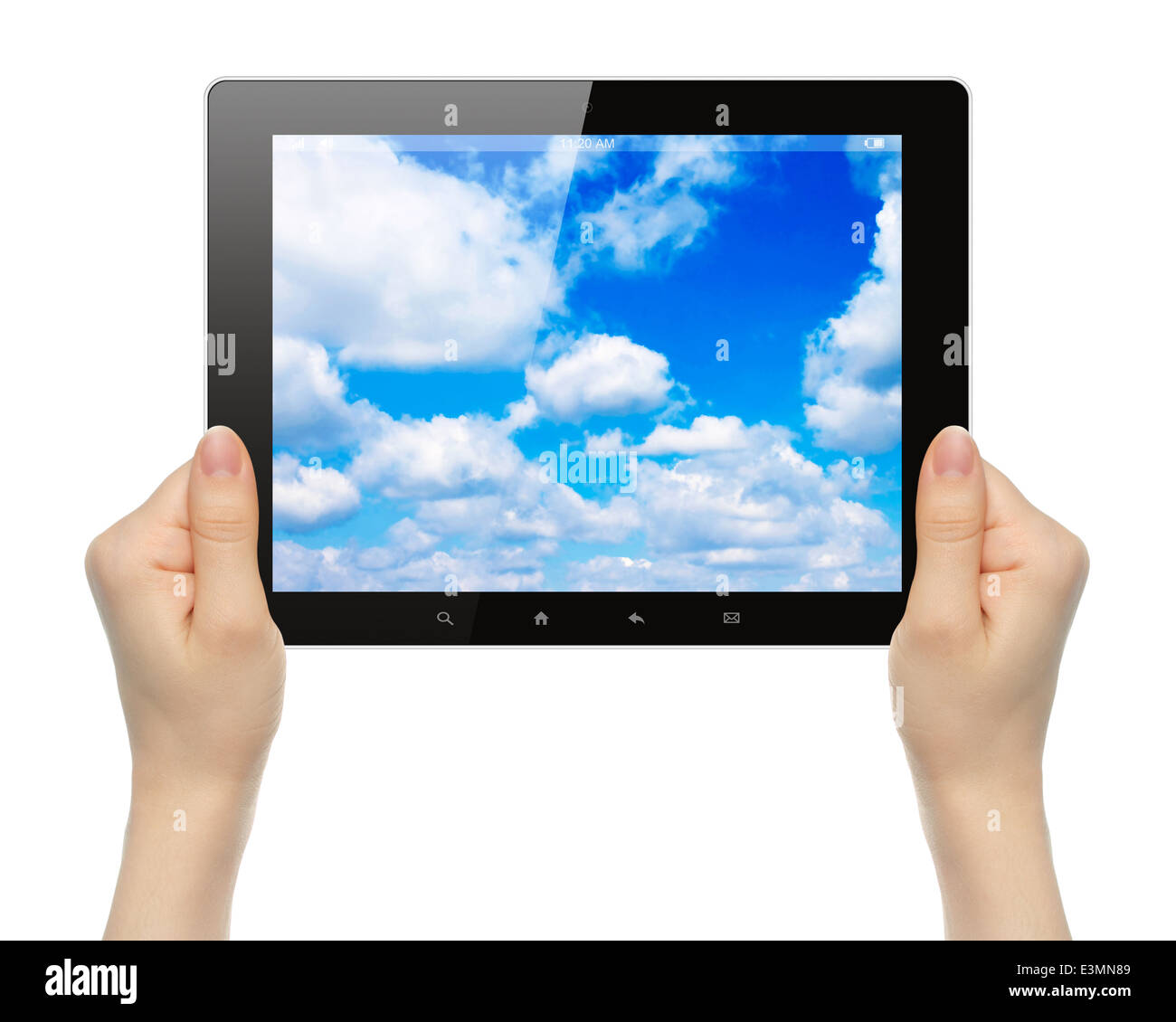 Woman hands holding tablet PC with sky on white background Stock Photo ...