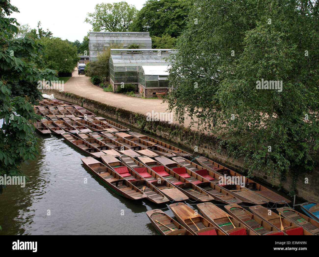 Punts moored on the River Cherwell next to the The University of Oxford Botanic Garden, Oxford, UK Stock Photo