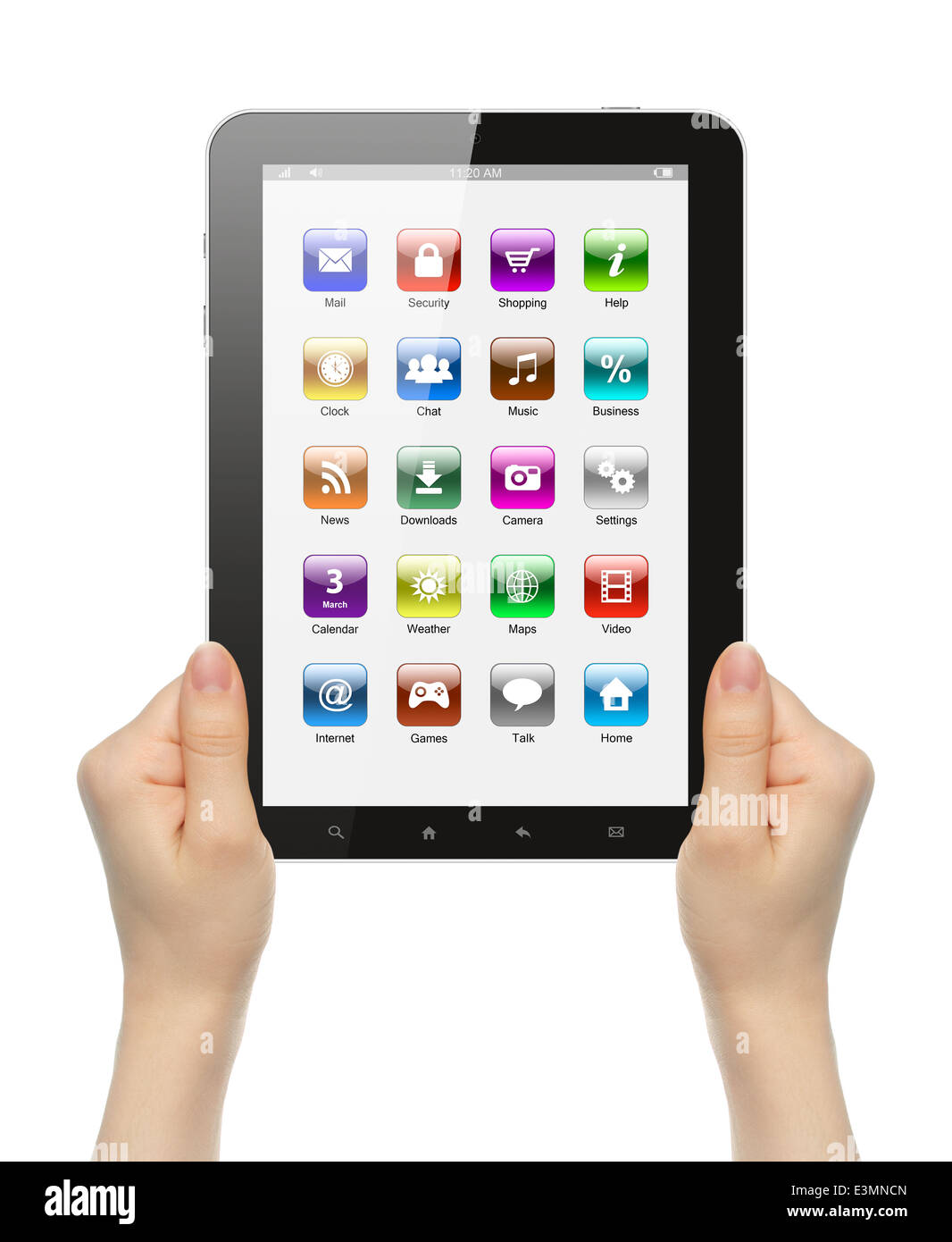 Woman hands holding tablet PC with icons on white background Stock ...