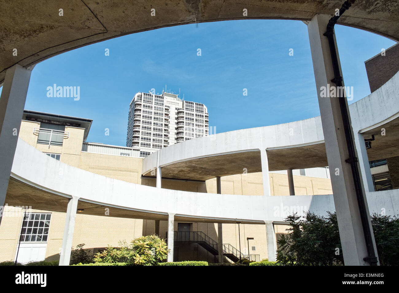A view through the entrance service ramp of the Brunel centre, Swindon & view of the David Murry John Building Stock Photo