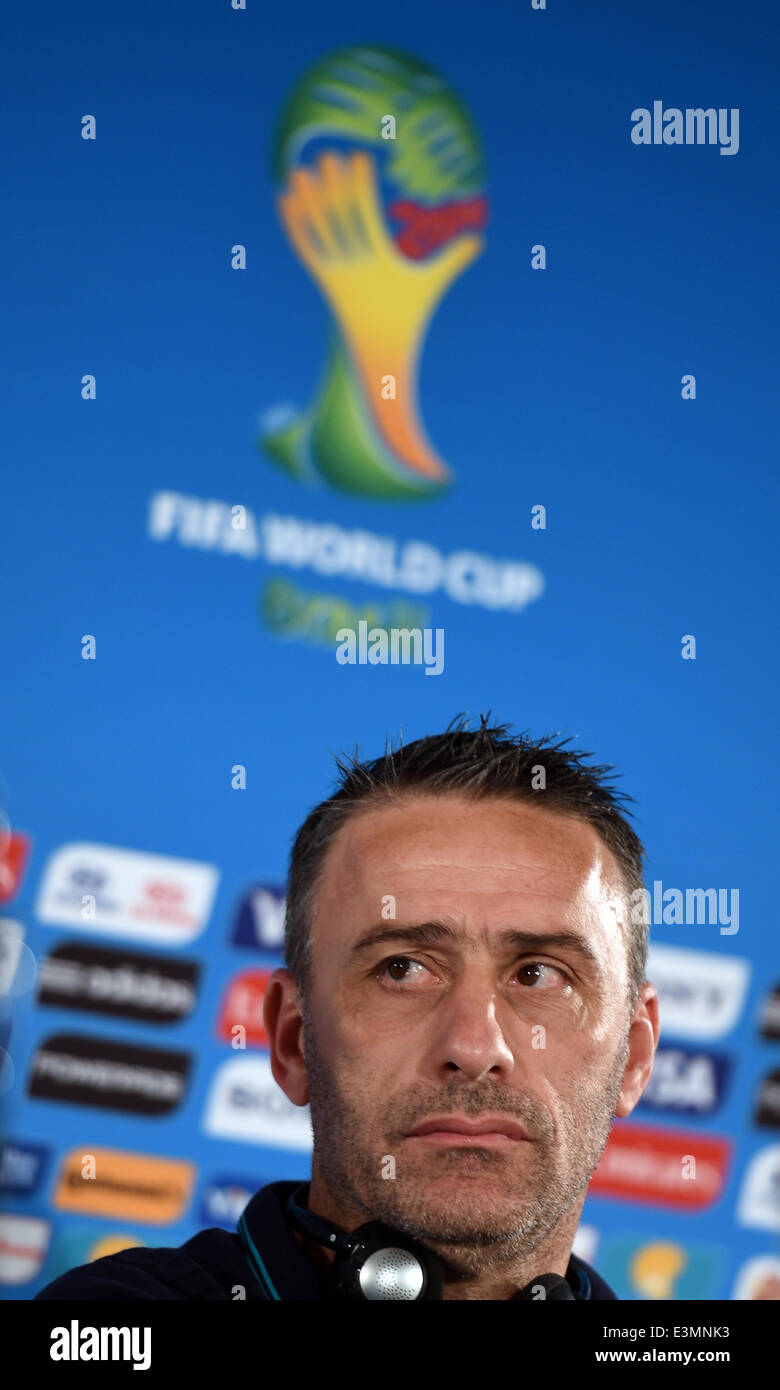 Portugal's head coach Paulo Bento attends a press conference at the Estadio Nacional in Brasilia, Brazil, 25 June 2014. Portugal will face Ghana in their group G preliminary round match at the FIFA World Cup on 26 June 2014 2014 in Brasilia. Photo: Marius Becker/dpa (RESTRICTIONS APPLY: Editorial Use Only, not used in association with any commercial entity - Images must not be used in any form of alert service or push service of any kind including via mobile alert services, downloads to mobile devices or MMS messaging - Images must appear as still images and must not emulate match action video Stock Photo