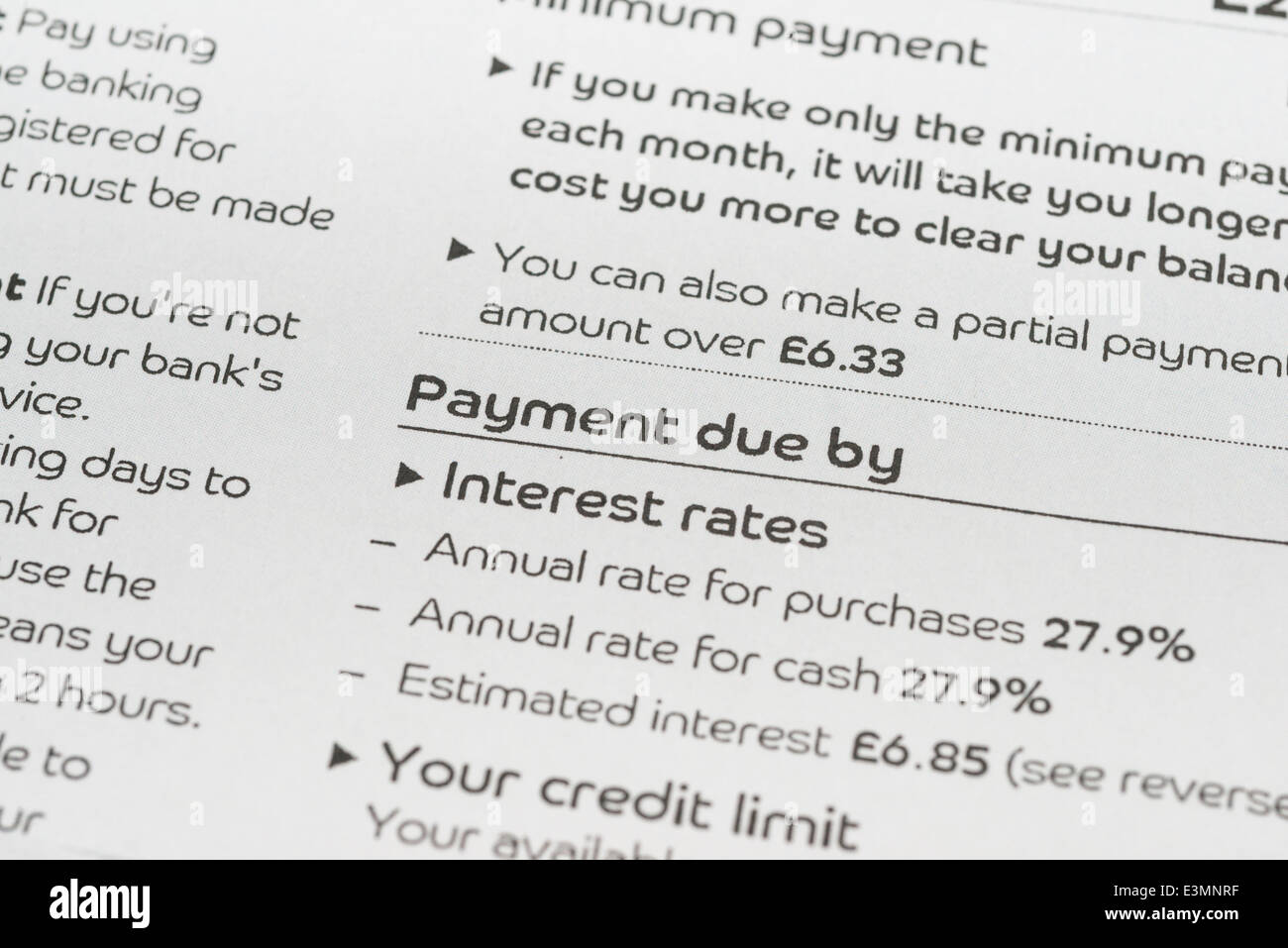 Payment information on a credit card statement Stock Photo
