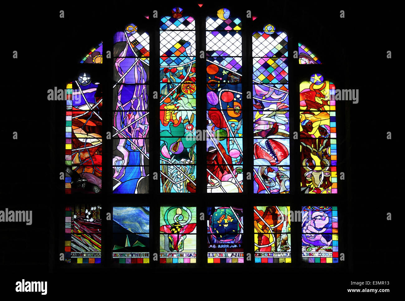 Creation Window In The Refectory, Chester Cathedral, UK Stock Photo