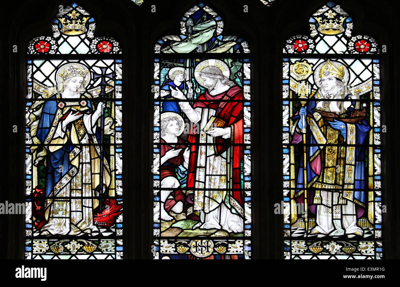 Stained Glass Window In St Margaret's the Grade I listed Medieval parish church of Cley-next-the-Sea, Norfolk, UK Stock Photo