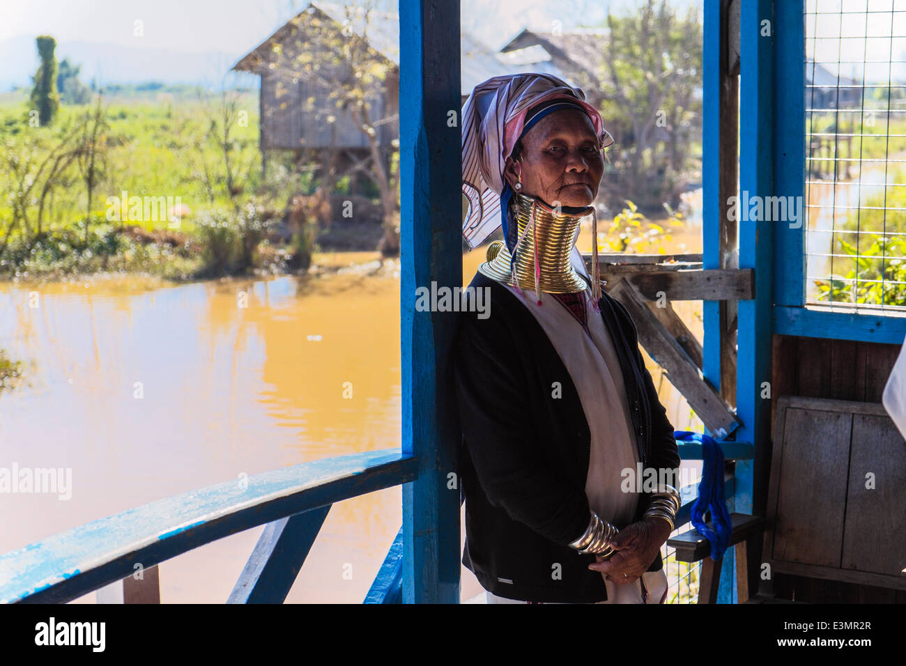 So-called Giraffe Woman as tourist attraction in village at Inle Lake, Myanmar, Asia Stock Photo