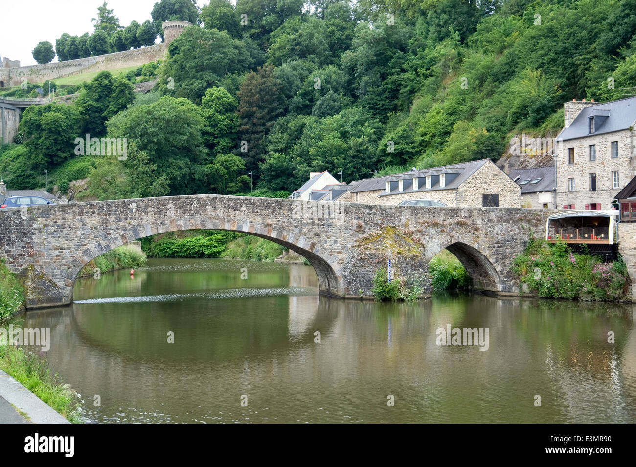 Idyllic scenery at the port of Dinan, a town in Brittany, France. It is located at the river Rance Stock Photo