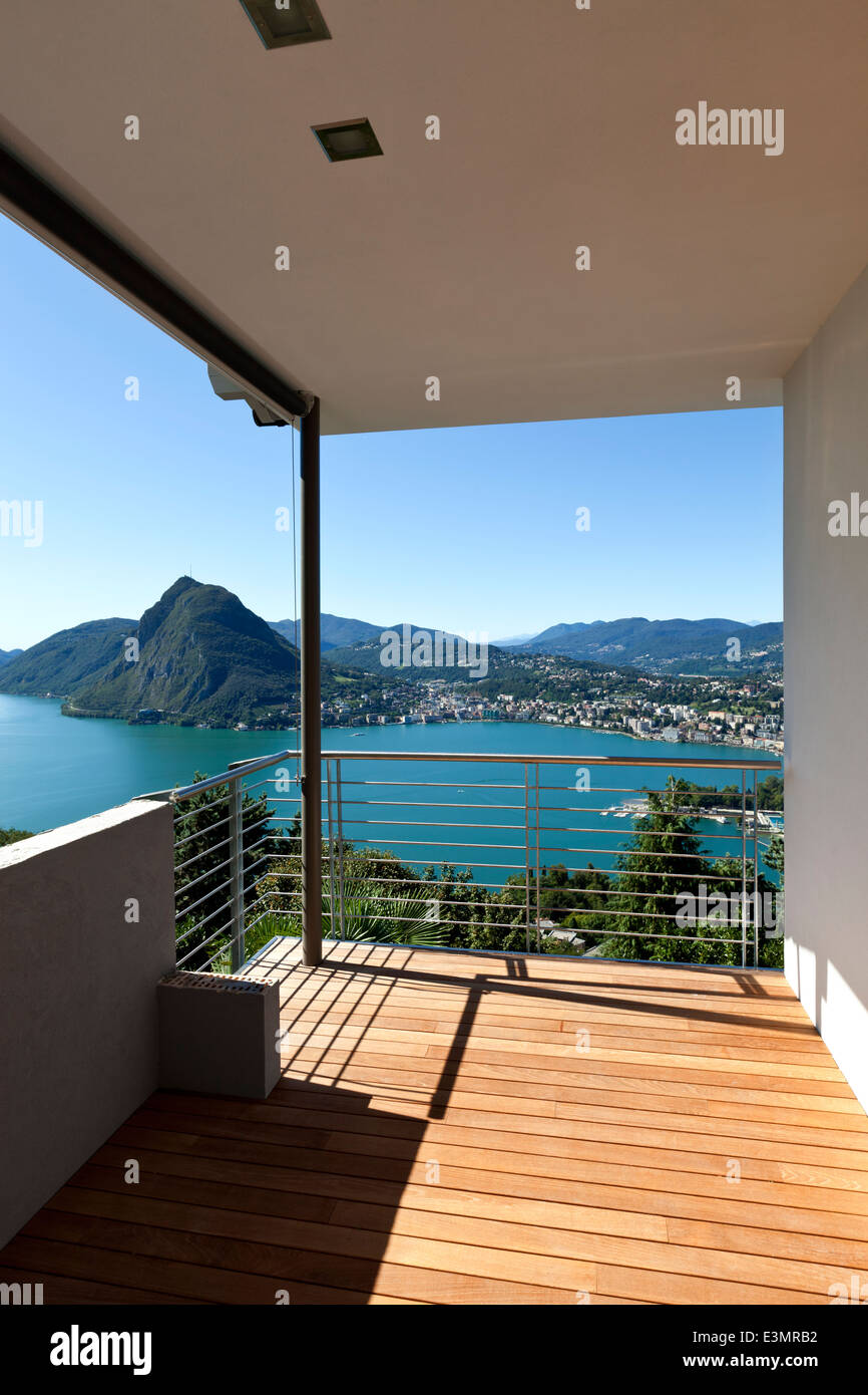 Modern apartment, balcony, lake panoramic view Stock Photo