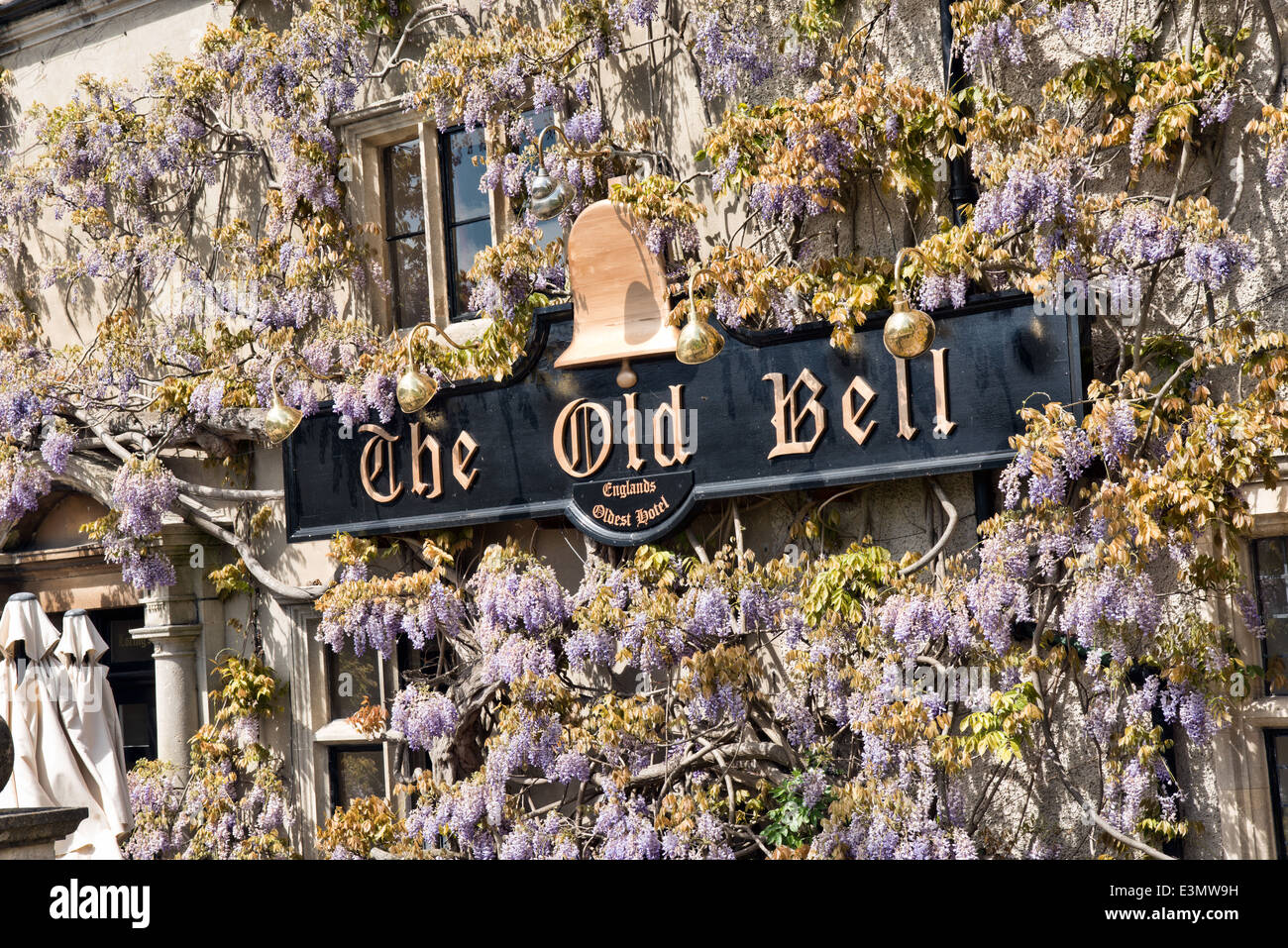 The sign of the Old Bell hotel in Malmesbury, Wiltshire, UK. The oldest continuously operating Hotel in England Stock Photo