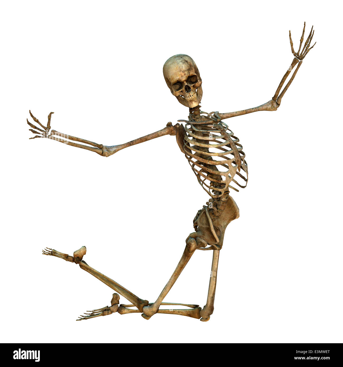 3D digital render of an old flying human skeleton isolated on white