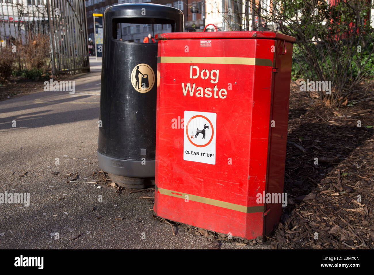 Dog waste bin and rubbish bin in Russell Square, London. Stock Photo