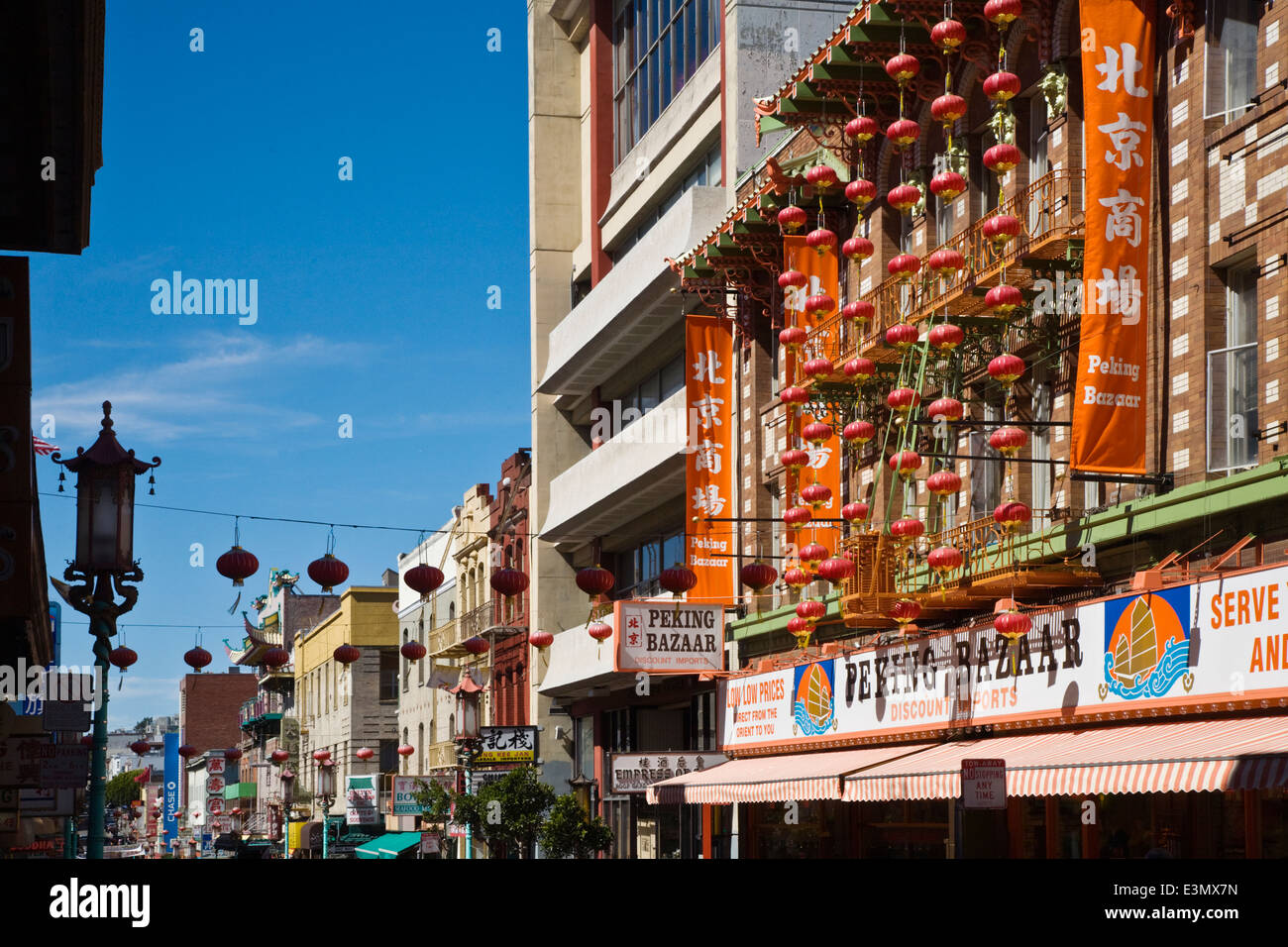 Shop signs in Chinese on a street in CHINA TOWN - SAN FRANCISCO, CALIFORNIA Stock Photo
