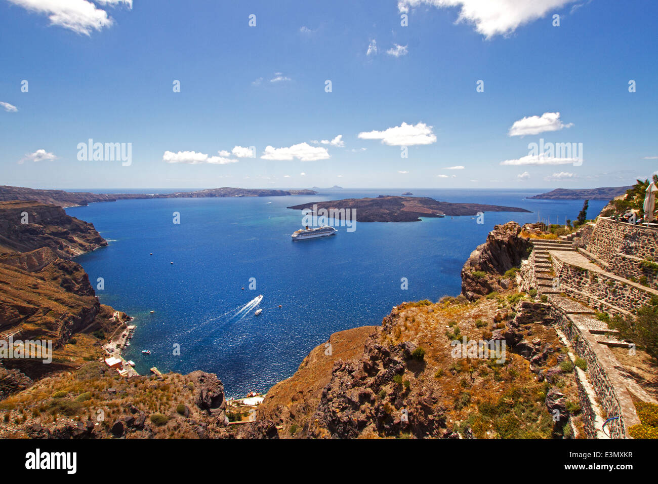 Cruise ship in the caldera of Santorini from Fira on the Greek Island of Santorini Greece Stock Photo