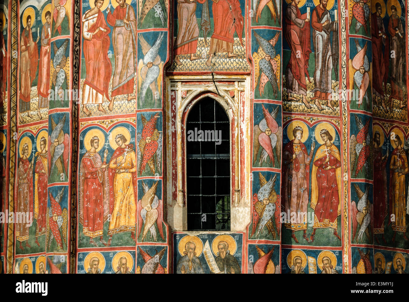 Frescoes of the painted monasteries of Moldovita, Bucovina, Romania, Europe. Stock Photo